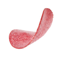 Slice of tasty smoked sausage isolated on white