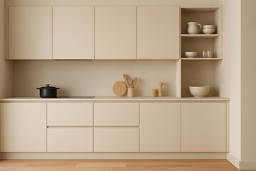 Fototapeta premium Interior of kitchen. Light beige home kitchen interior, cooking cabinet, shelves hidden