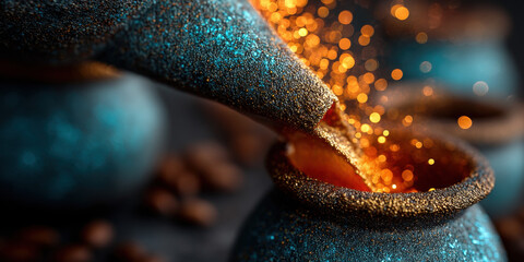 An engaging representation of golden sparks bursting from ancient mortar, ideal for creative, commercial, or editorial purposes.