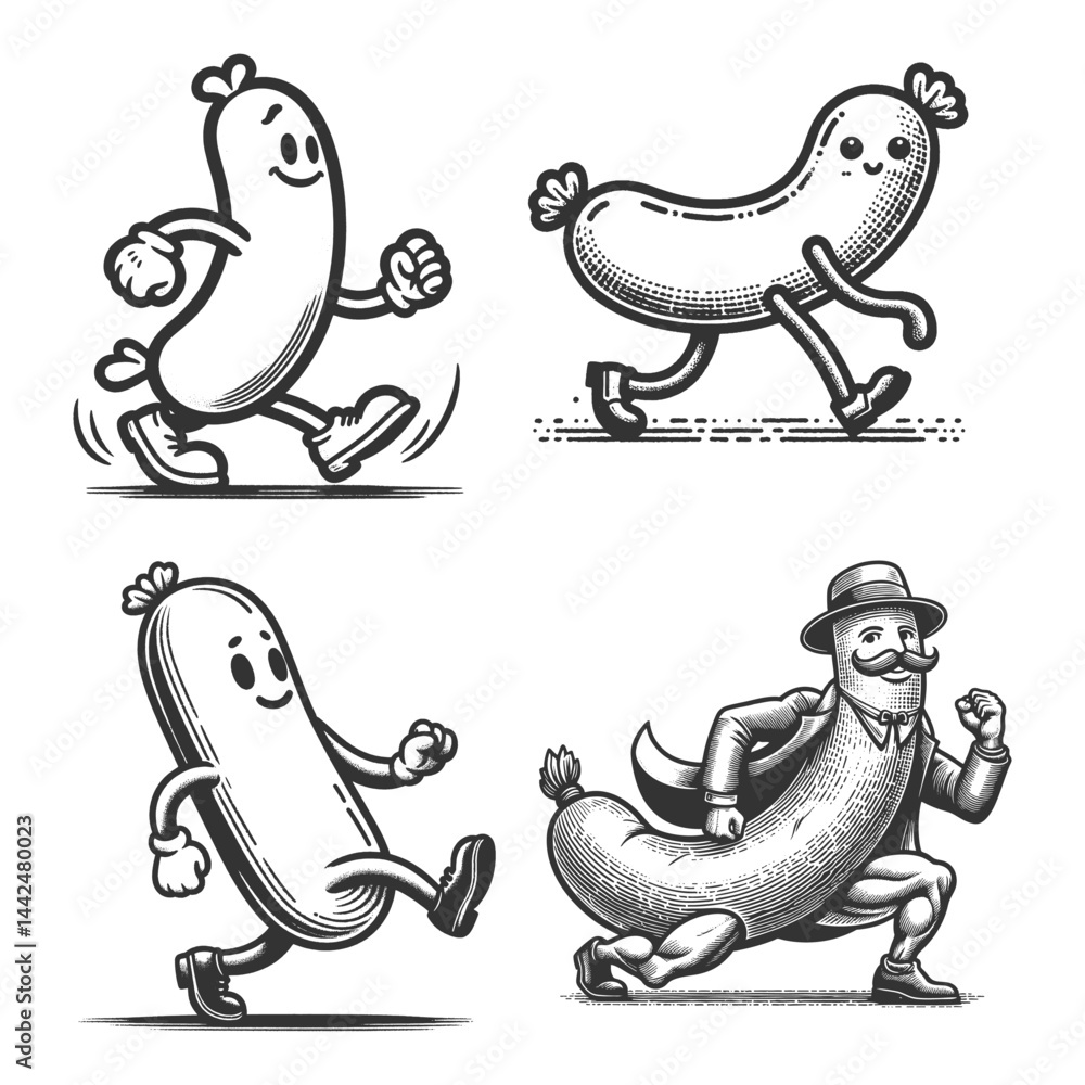 Poster sausages walking cheerfully with smiling faces set collection bundle sketch engraving generative ai 
