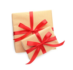 Two gift boxes wrapped in kraft paper isolated on white, top view