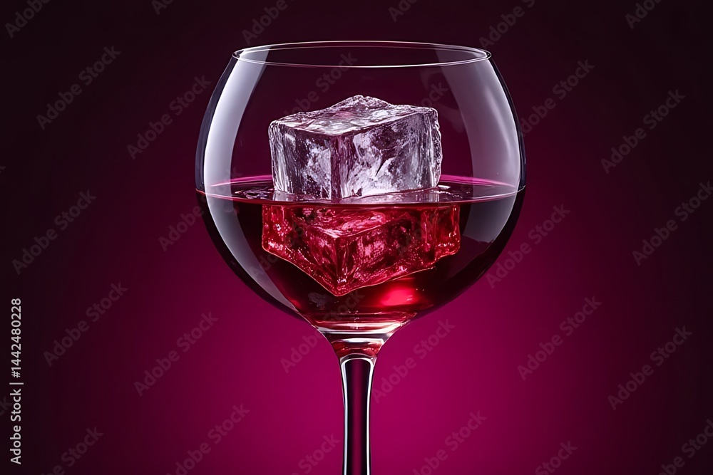 Aufkleber refreshing red wine in elegant glass with ice cubes studio setup dark background close-up