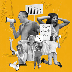Angry people protesting with signs and megaphones on yellow background. Conceptual design....
