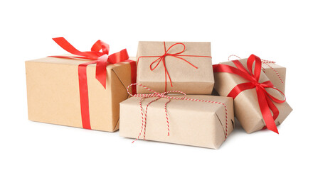 Many gift boxes wrapped in kraft paper isolated on white