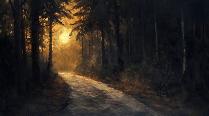 Naklejka premium Serene sunset forest path golden hour landscape painting art oil road dark calm trees woods rural