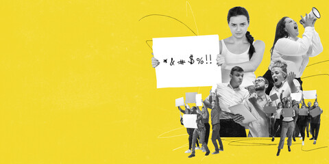 Group of people with signs shouting during protest on bright yellow background. Anger and demand for change. Concept of protest, social movements, freedom of speech, human rights. 14 models