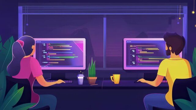 Woman and man working on computer code. Girl and guy typing on keyboard. Developer coding a project. Software developing, programming and it business concept.