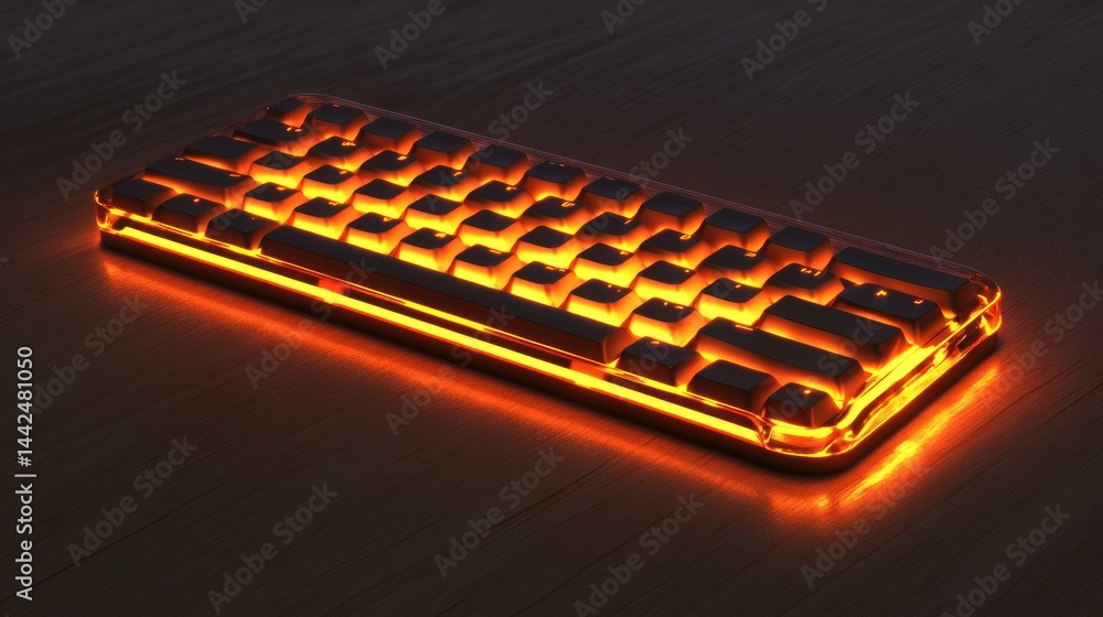 Poster illuminated computer keyboard resting on a wooden textured surface