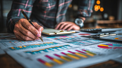 View of business analyst compiling data for strategic insights, high-definition office background