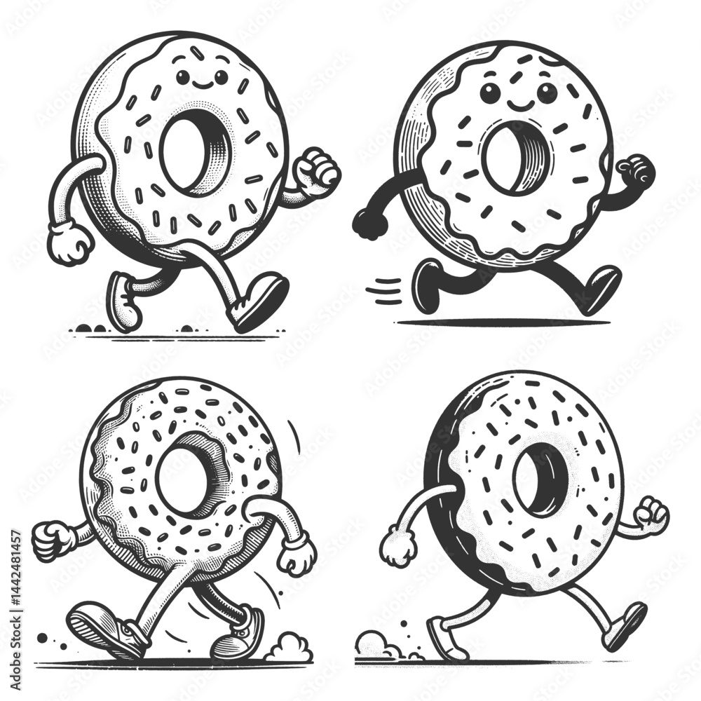Poster cheerful donuts with arms and legs walking or running set collection bundle sketch engraving generat
