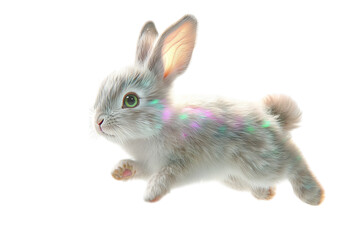 Obraz premium Cute grey rabbit hopping with colorful light reflections. Isolated on transparent background