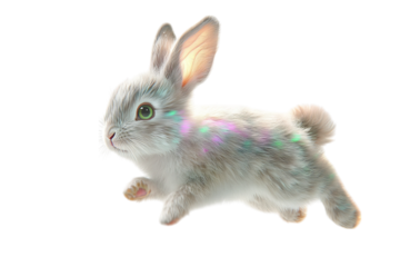 Cute grey rabbit hopping with colorful light reflections. Isolated on transparent background