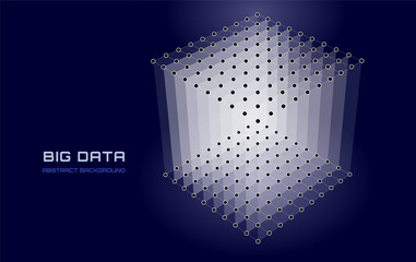 Abstract 3D grid cube. From dots and lines on blue. Primitive object. 3D technology design. Futuristic wireframe structure for technology or science concepts.