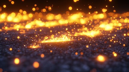Naklejka premium Glowing embers and particles float above a dark ground surface