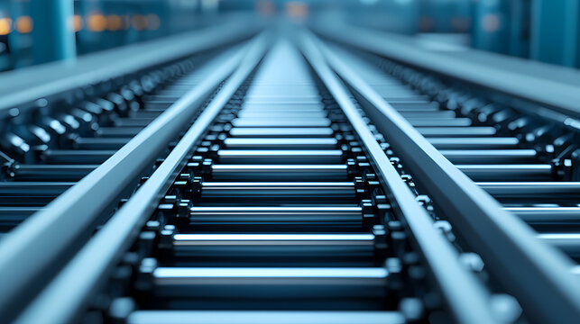 A close-up view of modern railway tracks stretching into the distance in a blue-toned setting.