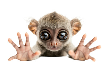 Fototapeta premium Curious baby monkey with big eyes reaching out playfully. Isolated on transparent background