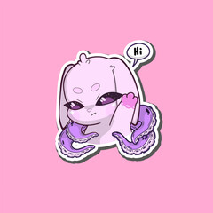A surreal sticker. Pink bunny with octopus tentacles, raising one tentacle in a friendly greeting gesture. The character stands against a neutral background, blending whimsical charm