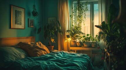 A serene bedroom decorated with plants and soft morning light