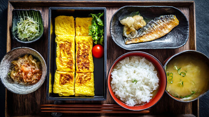 Japanese Bento Box with Tamagoyaki Grilled Mackerel Rice and Miso Soup
