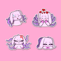 A set of four stickers featuring a pink bunny with octopus tentacles growing from its back, each displaying a different emotion: embarrassed, angry, sad, and affectionate.