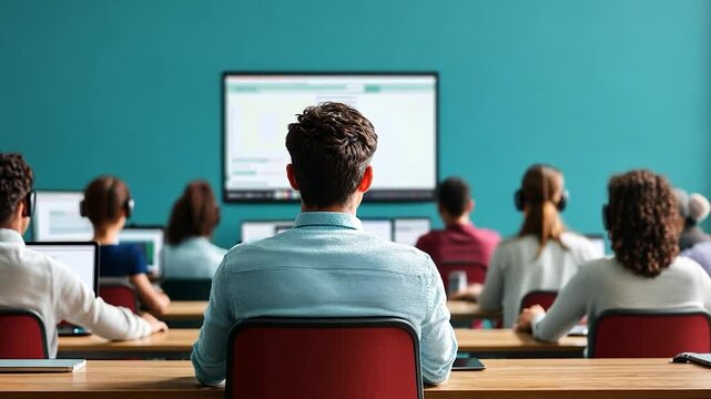 Video of a group of people attending a meeting or class with a green wall background and wooden tables wearing headphones sitting at a desk in a lecture hall