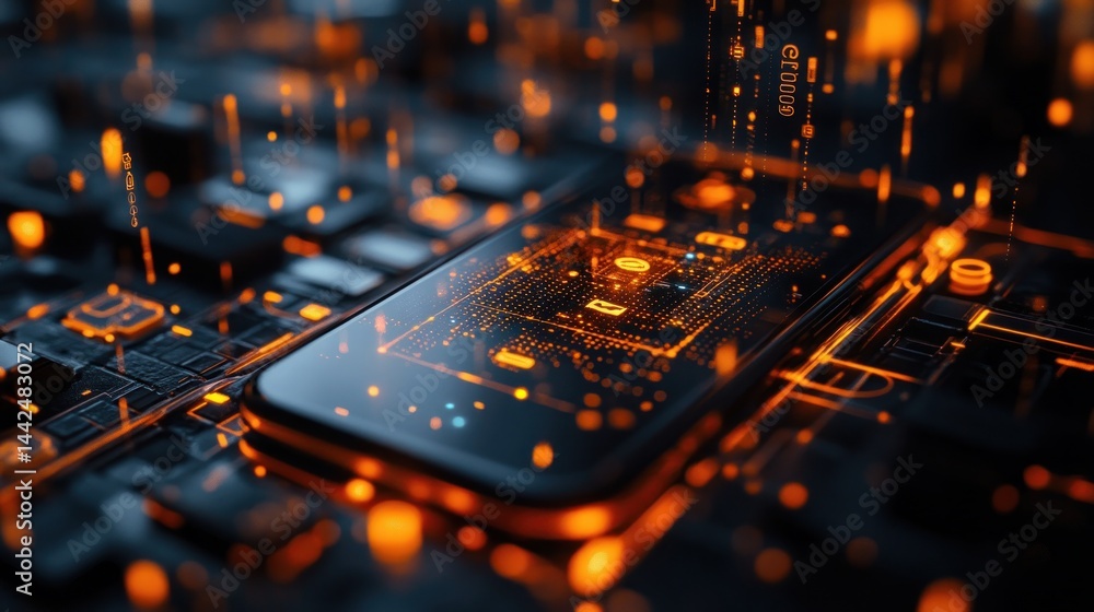 Poster smartphone digital technology: futuristic circuitry and data streams