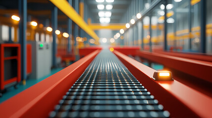 Fototapeta premium A brightly lit industrial conveyor belt inside a modern automated factory featuring metal rollers and vibrant colors.