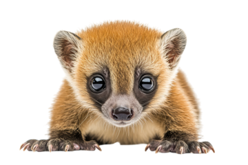Cute young coati with large eyes and soft fur, looking curiously. Isolated on transparent background