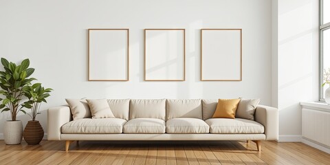 Fototapeta premium Minimalist Beige Sofa with Blank Frames