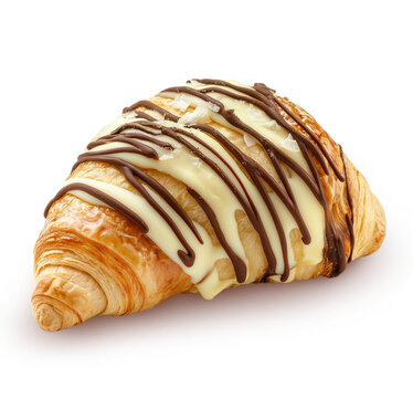 Croissant with chocolate drizzling on top, Isolated on white background. Fresh croissant with melted white and dark cholate. French dessert chocolate croissant isolated on white background. 