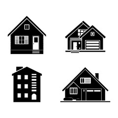 Set of four black house icons with different shapes, garage doors, windows, roofs, and entry steps