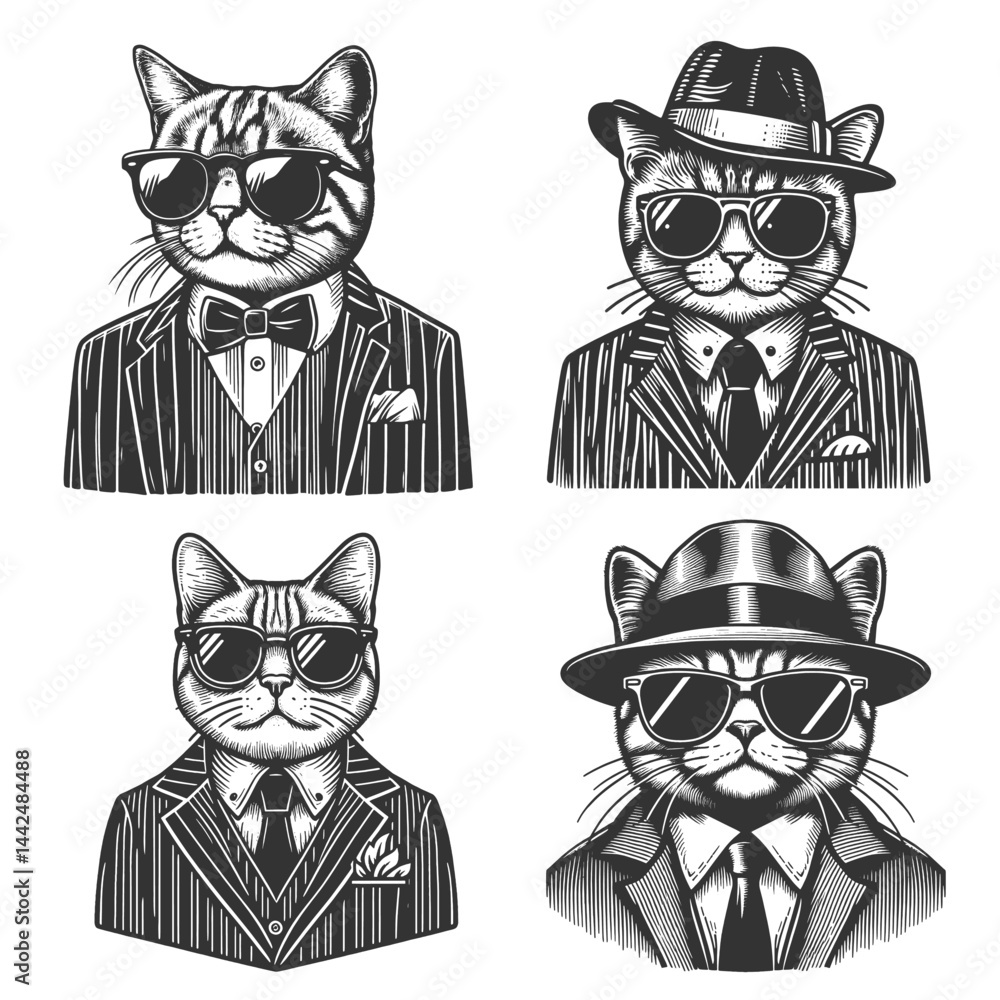 Poster cat in suit and sunglasses set collection bundle sketch engraving generative ai vector illustration.