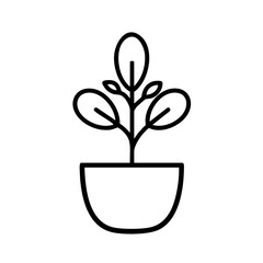 Simple black outline of a potted plant with several small, oval leaves on thin stems.