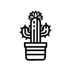 Outlined cactus with multiple arms, small thorns, and a flower blooming on top in a striped pot