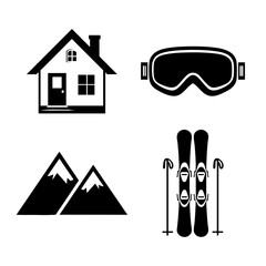 Bold black illustrations of a cabin, ski goggles, mountain peaks, and ski gear on white background