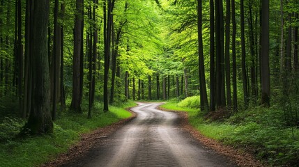 Serene winding road through lush green summer forest trees day way path park dirt calm view rural