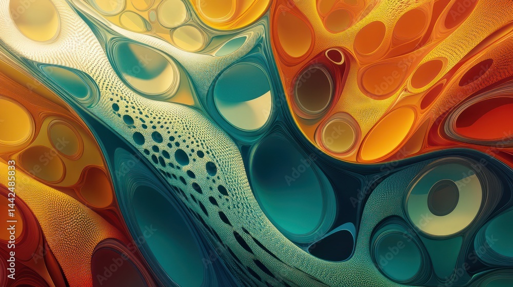 Poster abstract vibrant rendering with textured surface and organic rounded shapes