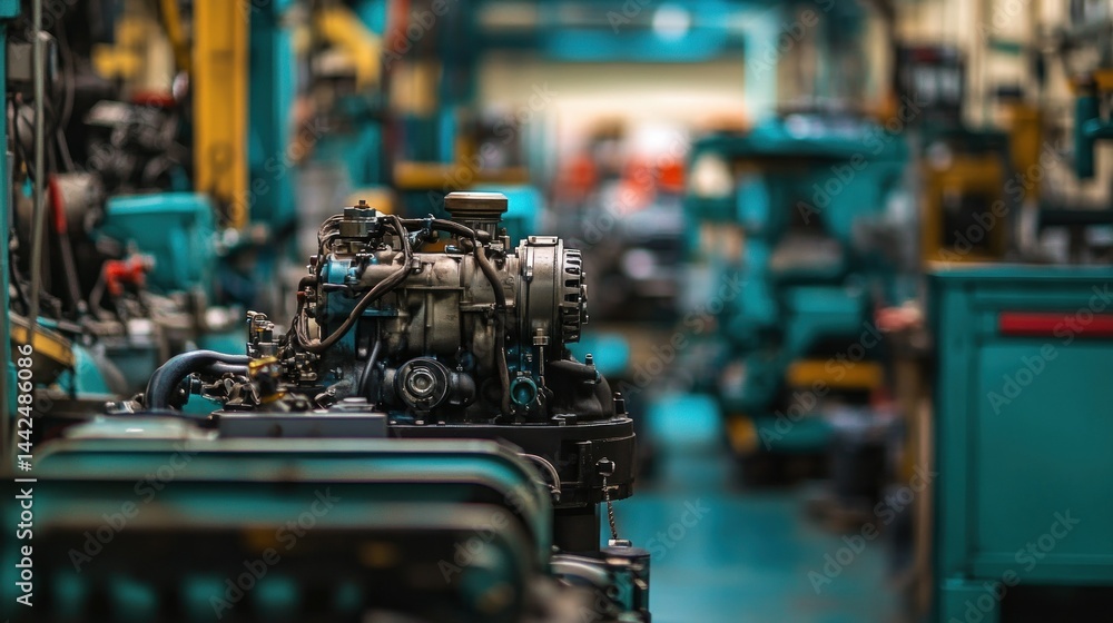 Poster engine components and factory environment with blurred background details