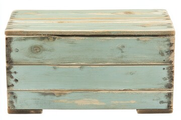 Rustic wooden chest with a light teal finish.