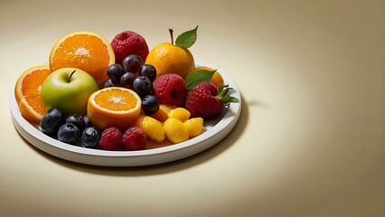 A vibrant fruit platter displays a mix of berries and citrus fruits, including oranges, raspberries, and an apple, set against a neutral background.