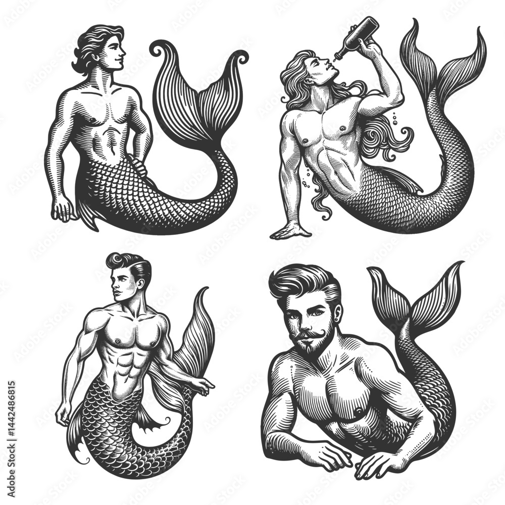 Poster mermen with different poses and hairstyles set collection bundle sketch engraving generative ai vect