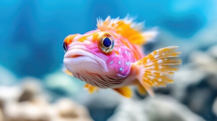 Obraz premium Close-up of a colorful fish in an aquarium. The fish is vibrant with hues of orange, pink, and yellow. Its fins are detailed with patterns. A soft focus surrounds the fish