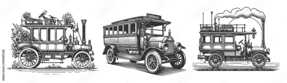 Poster old-fashioned buses and steam-powered vehicles set collection bundle sketch engraving generative ai 