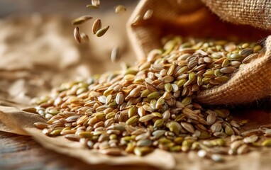 Close-Up of Varied Seeds Spilling from a Rustic Burlap Sack