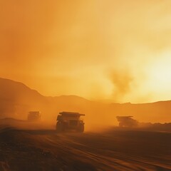 Fototapeta premium Dust clouds and mining trucks at sunset