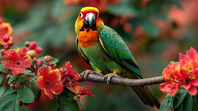 Colorful parrot perched on branch among vibrant flowers