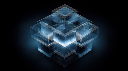 An elegant and clear visual illustration of layered glass cube with digital effects, ideal for creative, commercial, or editorial purposes.
