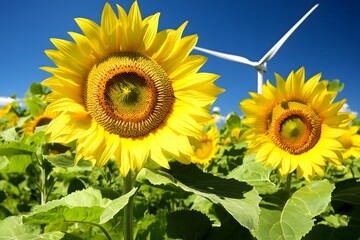 Vibrant Sunflowers Field with Wind Turbine Green Energy
