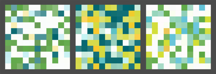 Abstract green colored pixelated background. Trendy mosaic vector texture. Pixel abstract bg in green tone. Minimal geometric backdrop. Set of 3 square vector mosaic seamless pattern