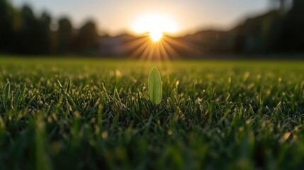 Young sprout in vibrant grass at sunset